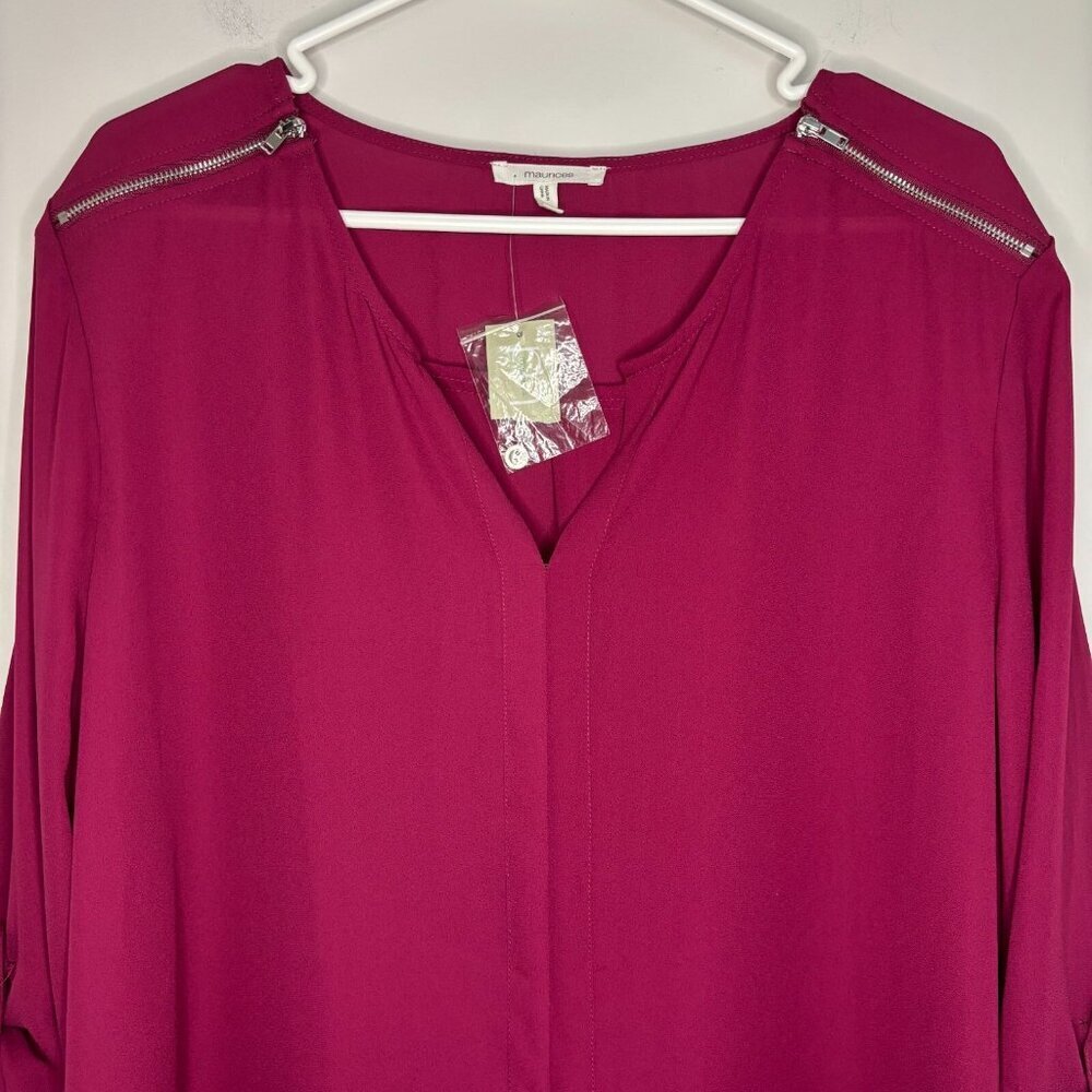 MAURICE'S NEW Women V-Neck Blouse XXL Burgundy Zipper Flowy Roll Tab Sleeve
